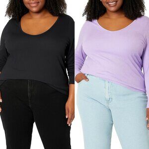 Women's Slim-Fit Long Sleeve Knit Rib V-Neck Shirts Pack of 2 black PURPLE